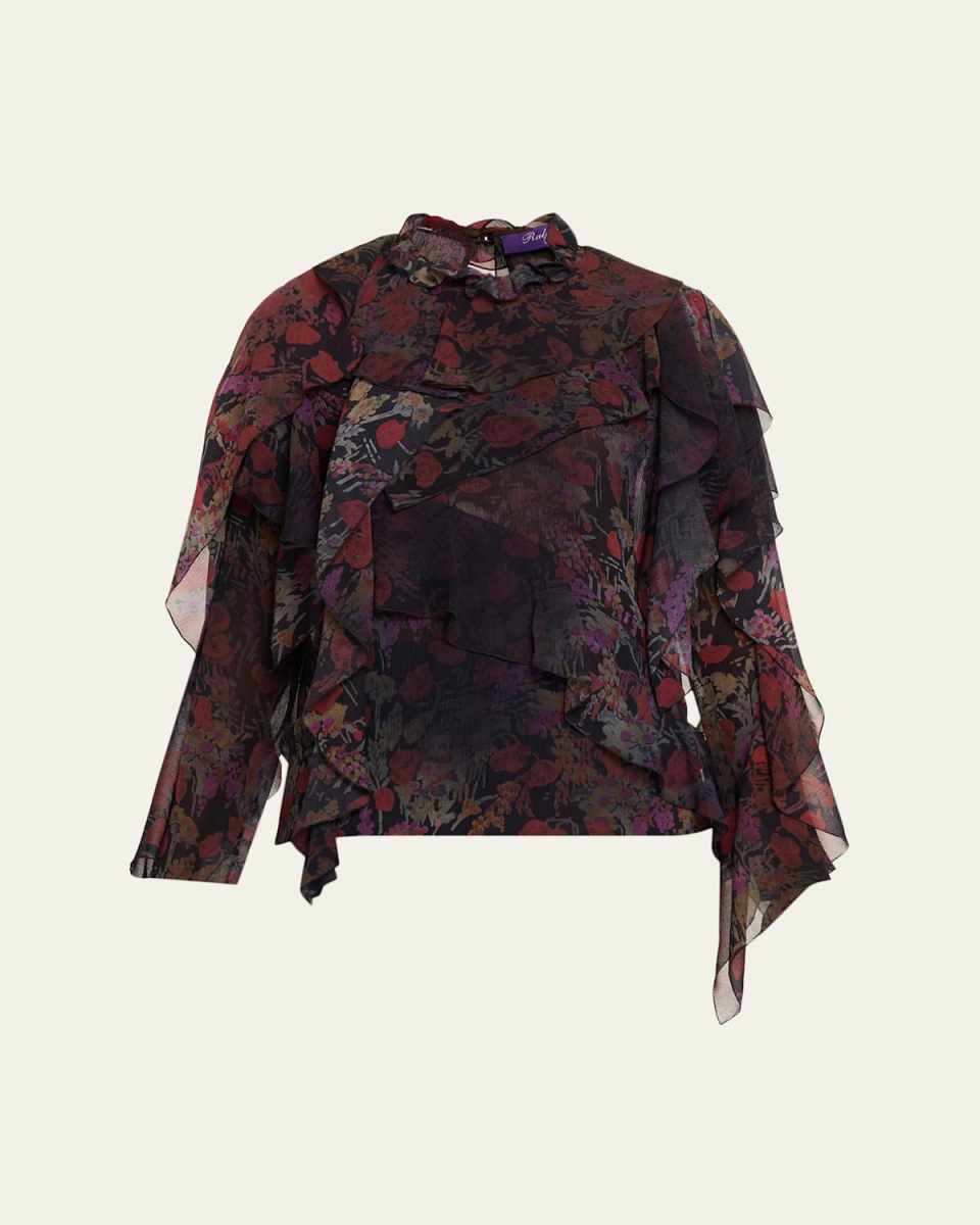 Ilene Ruffle-Trim Floral Chiffon Blouse